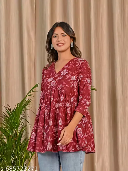 Maroon Floral A-Line Tunic for Women with 3/4 Sleeves | Cotton Blend Printed Short Kurti Top | Casual & Office Wear Ethnic Tunic for Jeans & Leggings