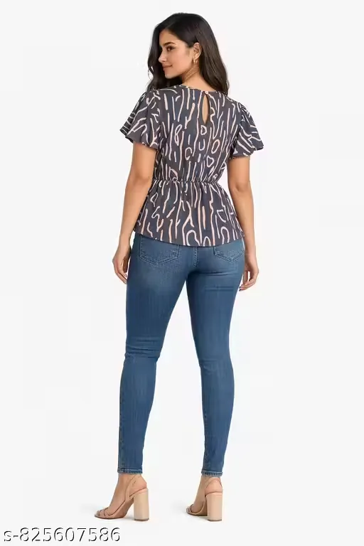 Women Printed Crepe Peplum Top | Stylish Short Sleeve Casual Western Top for Women & Girls