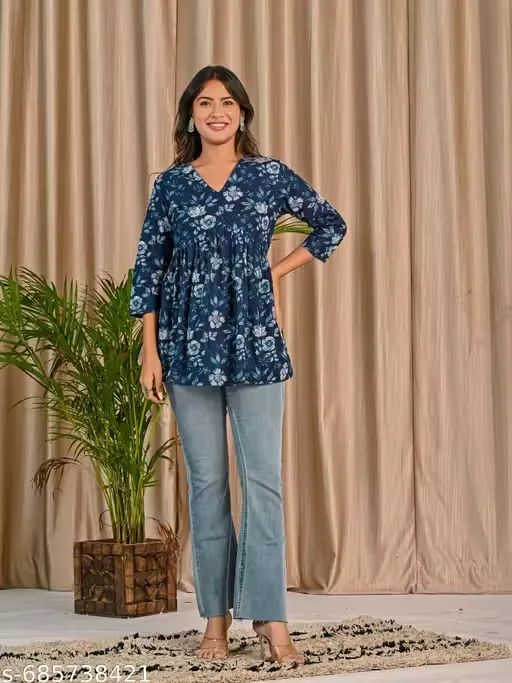 Women's Blue Floral Printed A-Line Tunic | Cotton Blend 3/4 Sleeve Short Kurti Top | Casual Office Wear Tunic for Jeans & Leggings