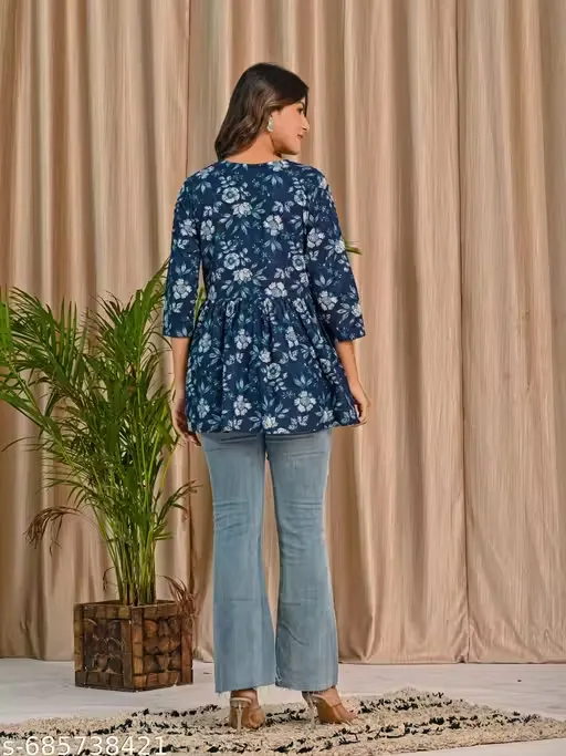 Maroon Floral A-Line Tunic for Women with 3/4 Sleeves | Cotton Blend Printed Short Kurti Top | Casual & Office Wear Ethnic Tunic for Jeans & Leggings