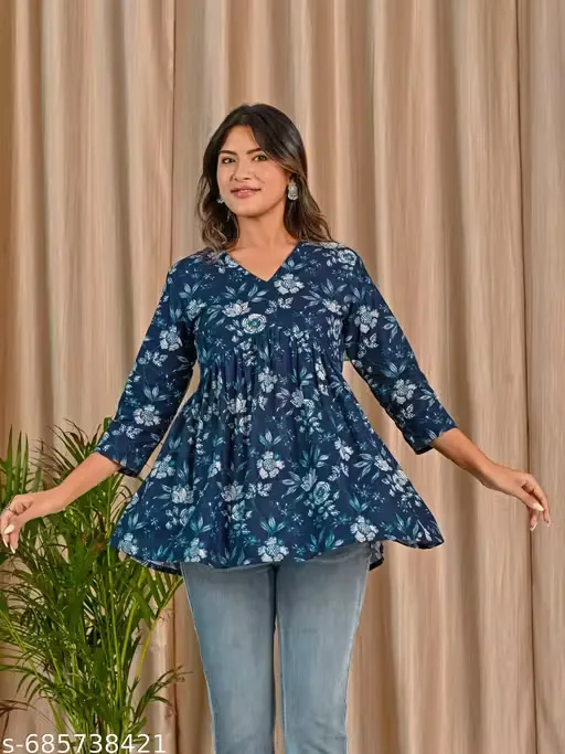 Maroon Floral A-Line Tunic for Women with 3/4 Sleeves | Cotton Blend Printed Short Kurti Top | Casual & Office Wear Ethnic Tunic for Jeans & Leggings