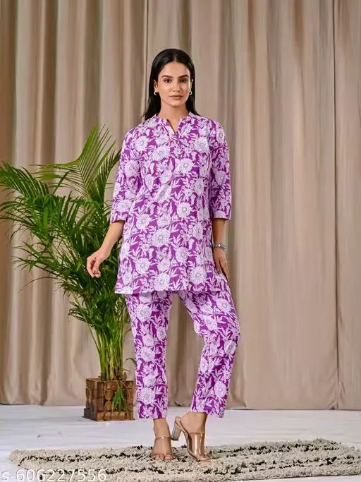 Purple Floral Cotton Cord Set — Peplum T...