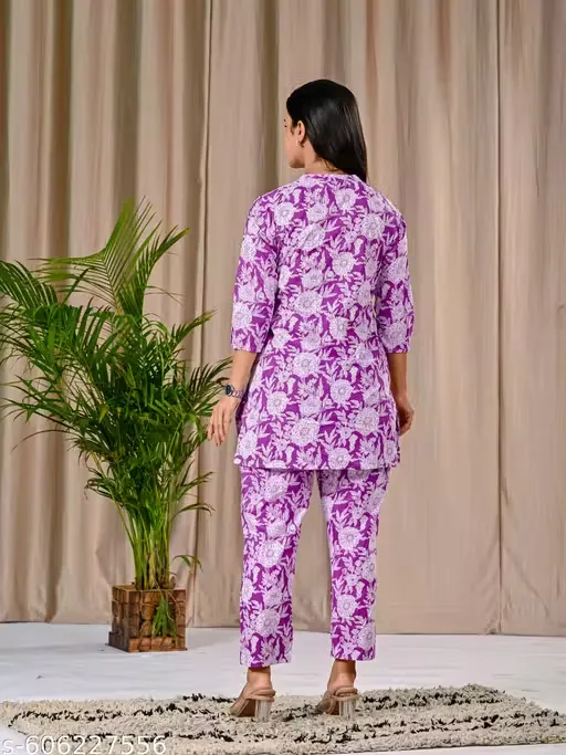 Purple Floral Cotton Cord Set — Peplum Top & Straight Pants