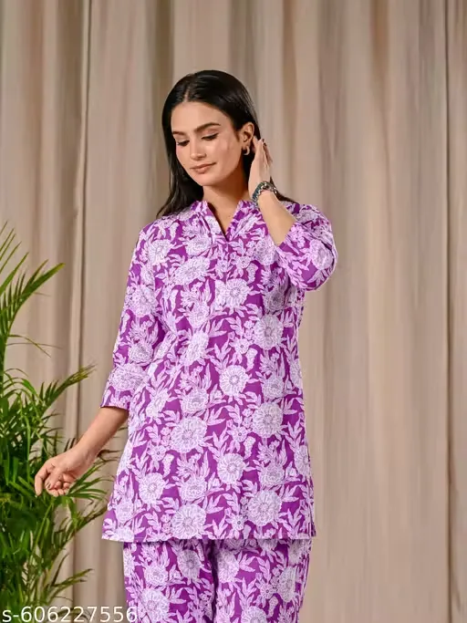 Purple Floral Cotton Cord Set — Peplum Top & Straight Pants