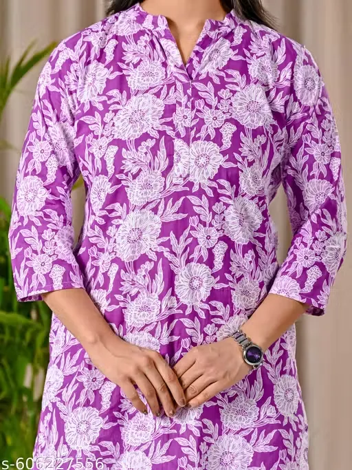 Purple Floral Cotton Cord Set — Peplum Top & Straight Pants