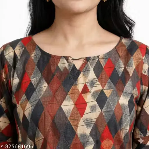 Women Geometric Printed Cotton Blend Straight Kurti Top for Women (Brown & Red)