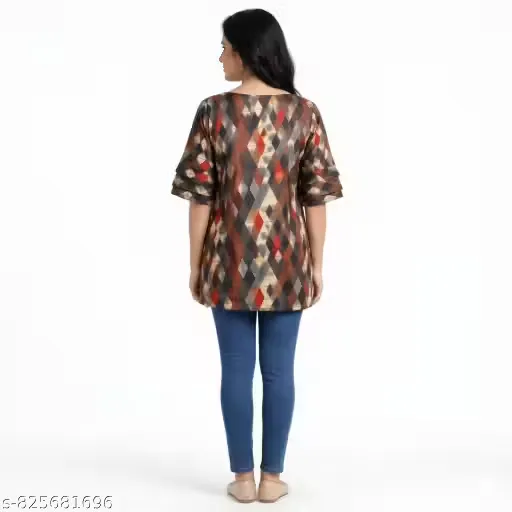 Women Geometric Printed Cotton Blend Straight Kurti Top for Women (Brown & Red)