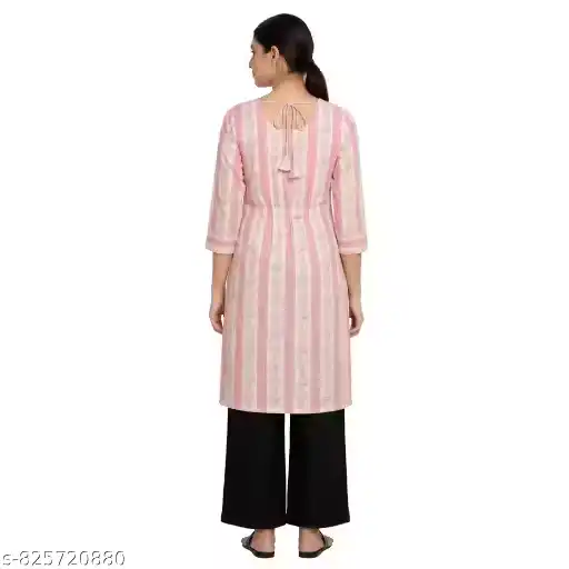 Women Pink Floral Printed Cotton Straight Kurti | Round Neck 3/4 Sleeve Casual Ethnic Kurta for Women