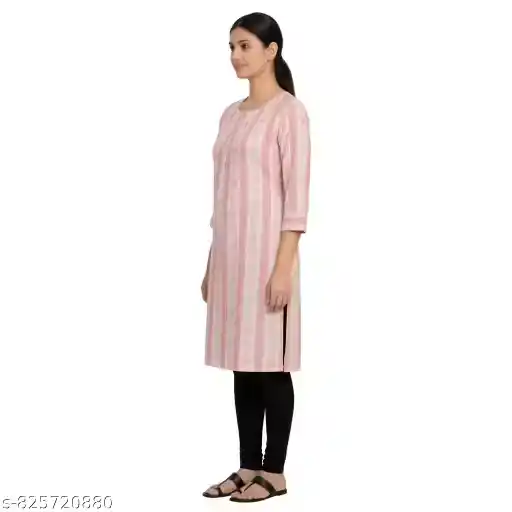 Women Pink Floral Printed Cotton Straight Kurti | Round Neck 3/4 Sleeve Casual Ethnic Kurta for Women