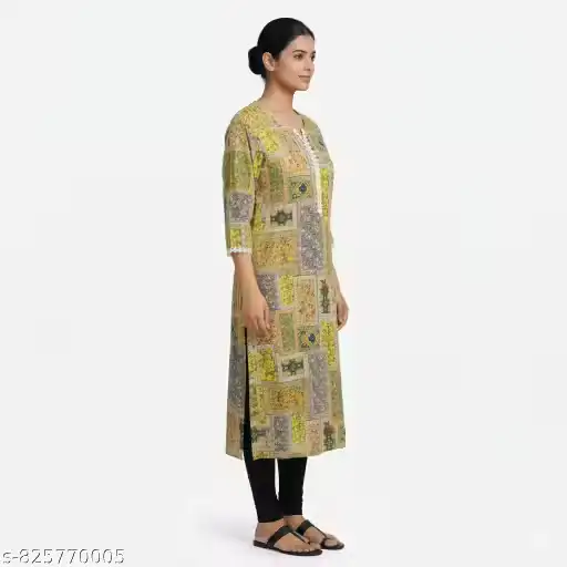 Women Multicolor Floral Printed Cotton Straight Kurti | Elegant Ethnic Casual Wear Kurta for Women | Round Neck 3/4 Sleeve Daily Wear Office Wear Kurti