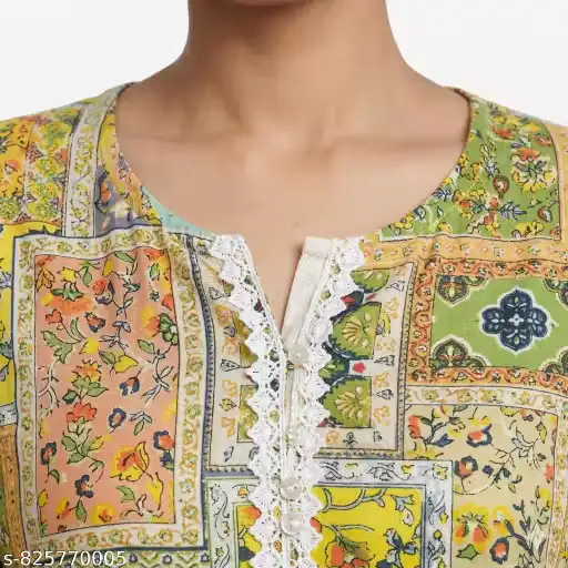 Women Multicolor Floral Printed Cotton Straight Kurti | Elegant Ethnic Casual Wear Kurta for Women | Round Neck 3/4 Sleeve Daily Wear Office Wear Kurti