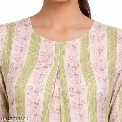 Women Cotton Printed Straight Kurti | Pink & Green Floral Stripe Kurta | Casual Daily Wear Ethnic Kurti for Women