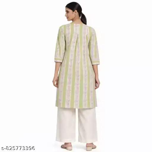 Women Cotton Printed Straight Kurti | Pink & Green Floral Stripe Kurta | Casual Daily Wear Ethnic Kurti for Women