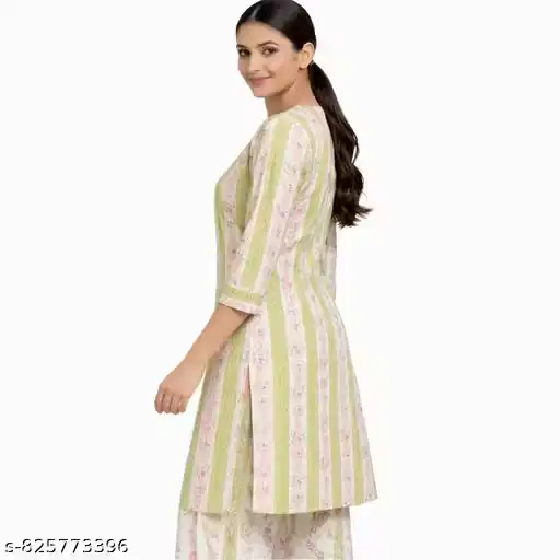 Women Cotton Printed Straight Kurti | Pink & Green Floral Stripe Kurta | Casual Daily Wear Ethnic Kurti for Women