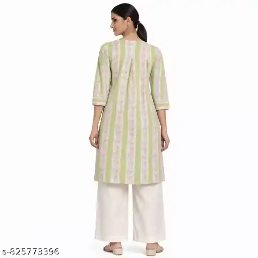 Women Cotton Printed Straight Kurti | Pink & Green Floral Stripe Kurta | Casual Daily Wear Ethnic Kurti for Women