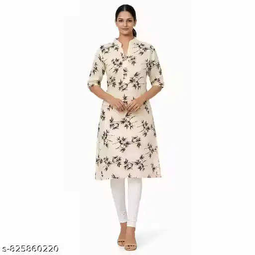 Women's Cotton Printed Straight Kurti | Mandarin Collar Button Placket Kurta | Casual Ethnic Wear Knee Length Kurti for Women & Girls