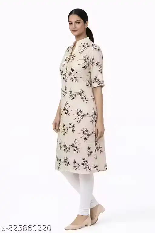 Women's Cotton Printed Straight Kurti | Mandarin Collar Button Placket Kurta | Casual Ethnic Wear Knee Length Kurti for Women & Girls