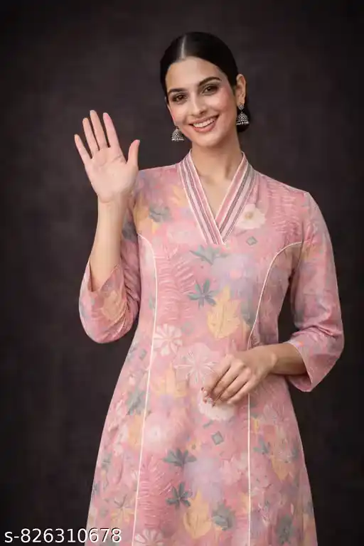 Stylish Women Floral Printed Straight Kurti | V-Neck Cotton Kurta | Casual & Office Wear Kurti for Women