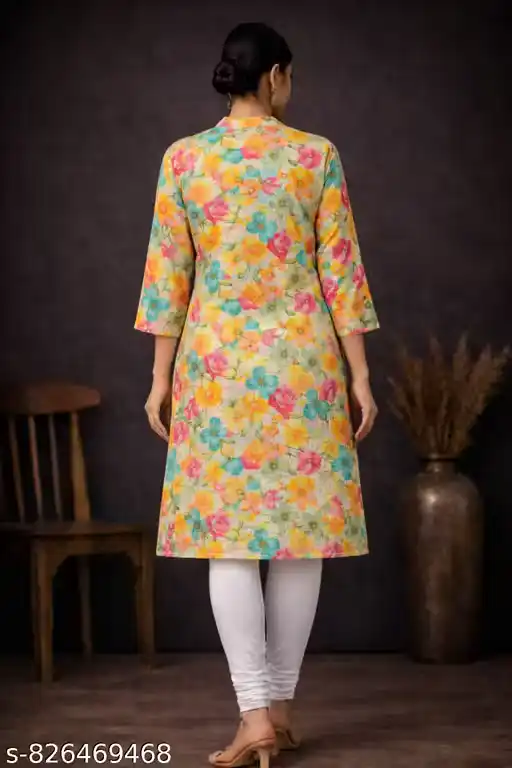 Women Floral Printed Cotton Blend Straight Kurti | Casual Ethnic Kurta for Women | V-Neck 3/4 Sleeve Kurti