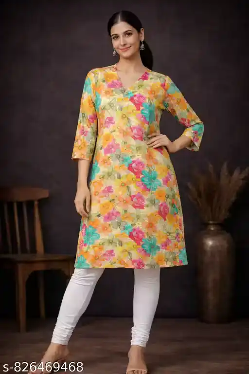 Women Floral Printed Cotton Blend Straight Kurti | Casual Ethnic Kurta for Women | V-Neck 3/4 Sleeve Kurti