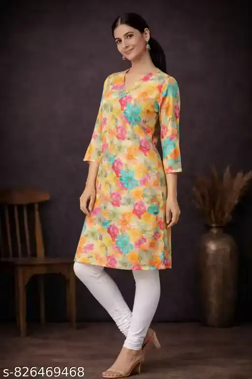 Women Floral Printed Cotton Blend Straight Kurti | Casual Ethnic Kurta for Women | V-Neck 3/4 Sleeve Kurti