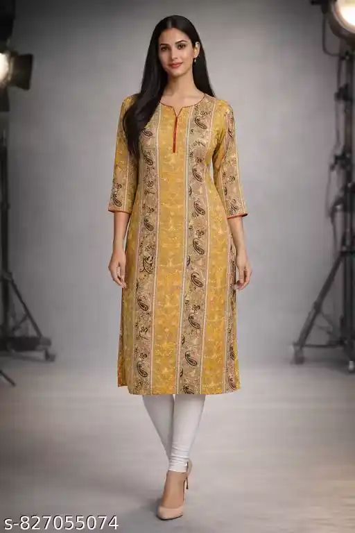 Women Printed Cotton Blend Straight Kurt...