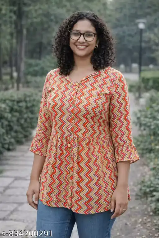 Women Rayon Printed Tunic Top | Zig Zag Print Peplum Tunic | Bell Sleeve Casual Tunic Top for Women