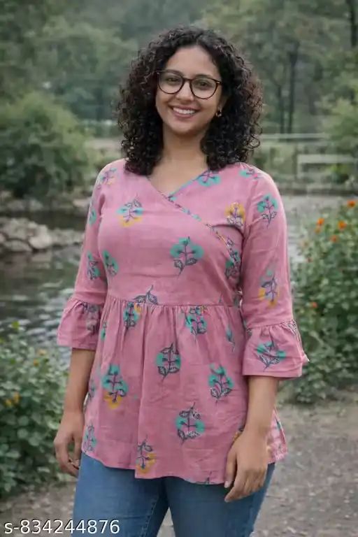 Women Pink Floral Printed Cotton Tunic T...