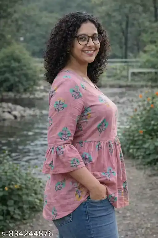 Women Pink Floral Printed Cotton Tunic Top | Wrap V-Neck Peplum Style Tunic | 3/4 Bell Sleeve Casual Kurti Top for Women | Regular Fit Western Tunic Top