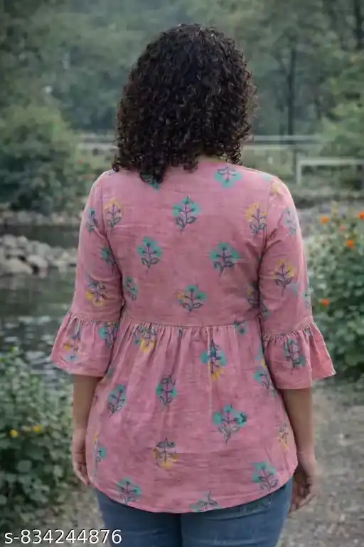 Women Pink Floral Printed Cotton Tunic Top | Wrap V-Neck Peplum Style Tunic | 3/4 Bell Sleeve Casual Kurti Top for Women | Regular Fit Western Tunic Top