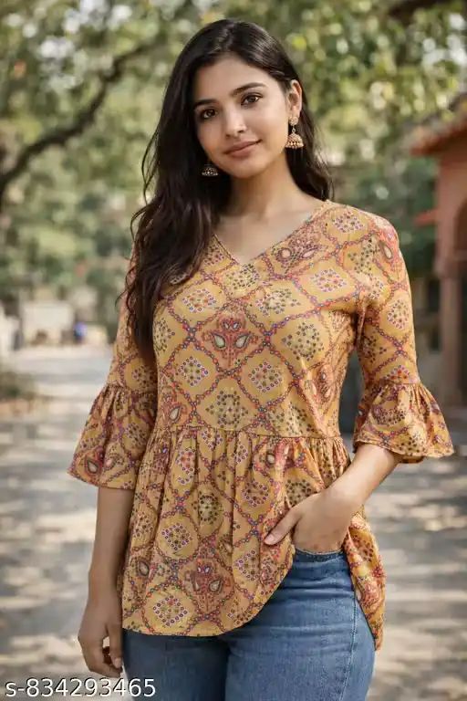 Women Mustard Printed Cotton Tunic Top |...