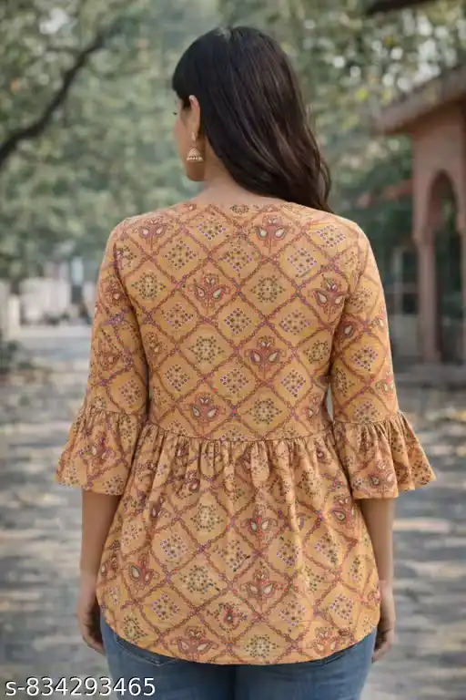 Women Mustard Printed Cotton Tunic Top | V Neck Peplum Tunic for Women | 3/4 Bell Sleeve Western Tunic Top | Casual Printed Kurti Style Top for Women