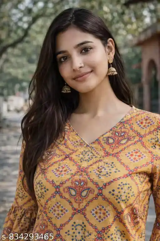 Women Mustard Printed Cotton Tunic Top | V Neck Peplum Tunic for Women | 3/4 Bell Sleeve Western Tunic Top | Casual Printed Kurti Style Top for Women