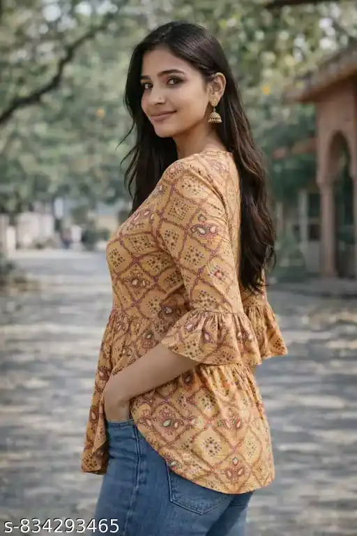 Women Mustard Printed Cotton Tunic Top | V Neck Peplum Tunic for Women | 3/4 Bell Sleeve Western Tunic Top | Casual Printed Kurti Style Top for Women