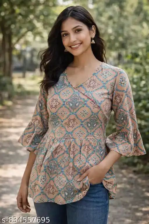 Women Beige Printed Cotton Tunic Top | E...