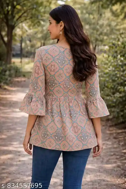 Women Beige Printed Cotton Tunic Top | Ethnic Geometric Print Peplum Tunic for Women | V Neck Wrap Style Western Tunic | 3/4 Bell Sleeve Casual Kurti Style Top