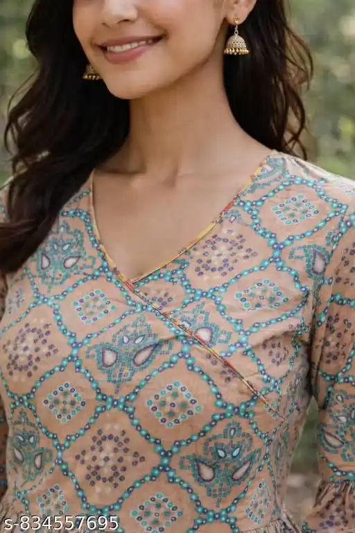 Women Beige Printed Cotton Tunic Top | Ethnic Geometric Print Peplum Tunic for Women | V Neck Wrap Style Western Tunic | 3/4 Bell Sleeve Casual Kurti Style Top