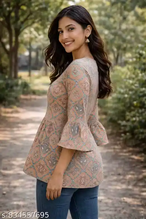 Women Beige Printed Cotton Tunic Top | Ethnic Geometric Print Peplum Tunic for Women | V Neck Wrap Style Western Tunic | 3/4 Bell Sleeve Casual Kurti Style Top