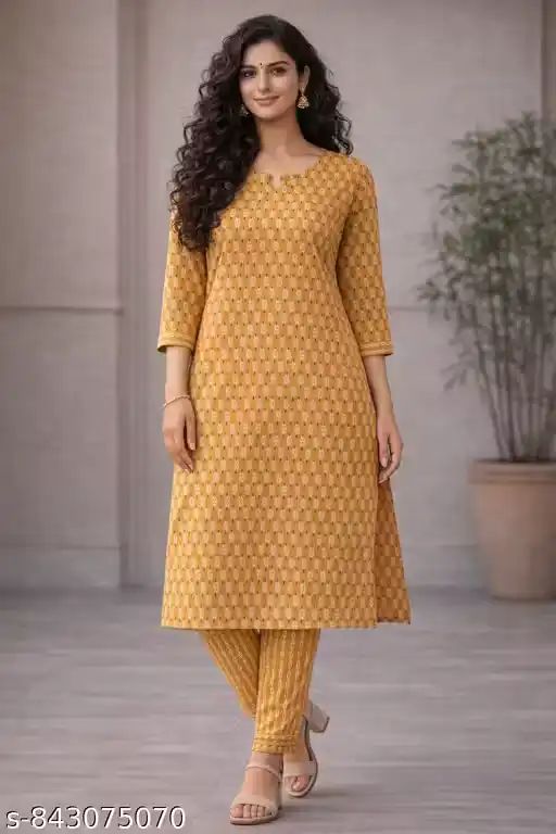 Women Mustard Printed Kurta Pant Set | C...