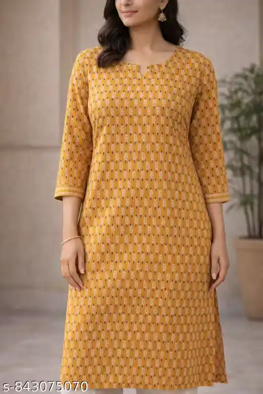 Women Mustard Printed Kurta Pant Set | Cotton Straight Kurti with Matching Bottom | Ethnic Casual Wear Set
