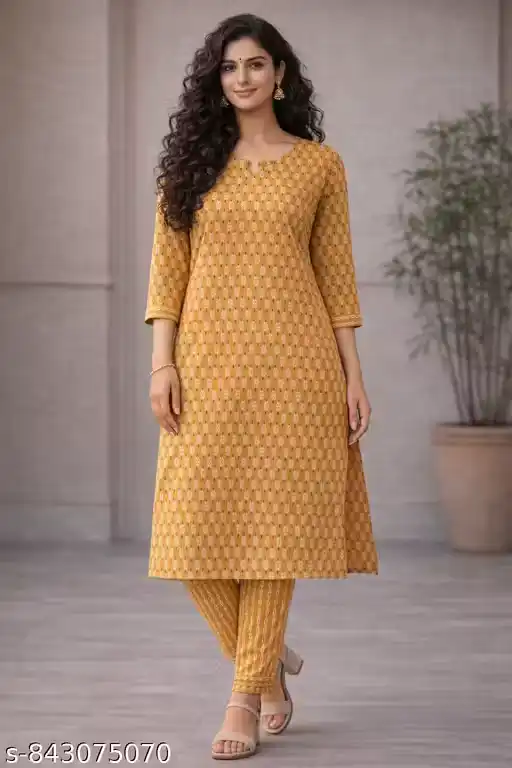 Women Mustard Printed Kurta Pant Set | Cotton Straight Kurti with Matching Bottom | Ethnic Casual Wear Set