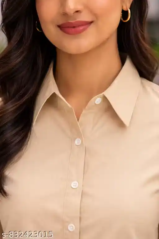 Women Solid Beige Satin Formal Shirt | Stylish Office Wear Shirt for Women | Full Sleeve Button Down Workwear Top