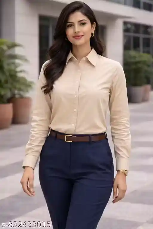 Women Solid Beige Satin Formal Shirt | Stylish Office Wear Shirt for Women | Full Sleeve Button Down Workwear Top