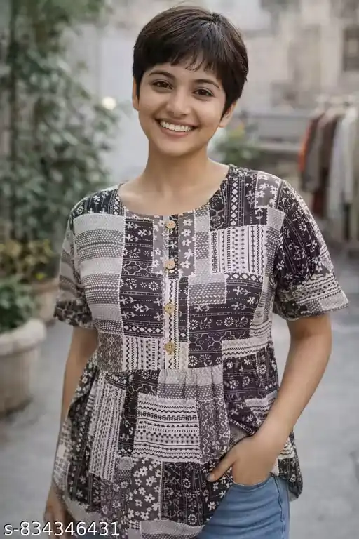 Women Black Printed Cotton Tunic Top | Patchwork Print Peplum Tunic for Women | Round Neck Button Front Western Tunic | Short Sleeve Casual Kurti Style Top