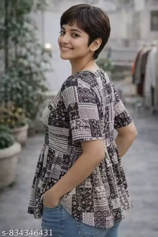 Women Black Printed Cotton Tunic Top | Patchwork Print Peplum Tunic for Women | Round Neck Button Front Western Tunic | Short Sleeve Casual Kurti Style Top