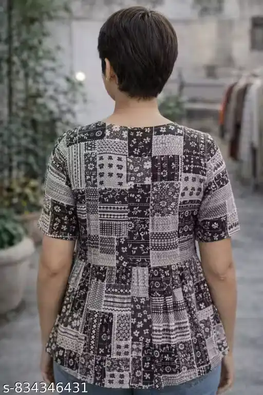 Women Black Printed Cotton Tunic Top | Patchwork Print Peplum Tunic for Women | Round Neck Button Front Western Tunic | Short Sleeve Casual Kurti Style Top