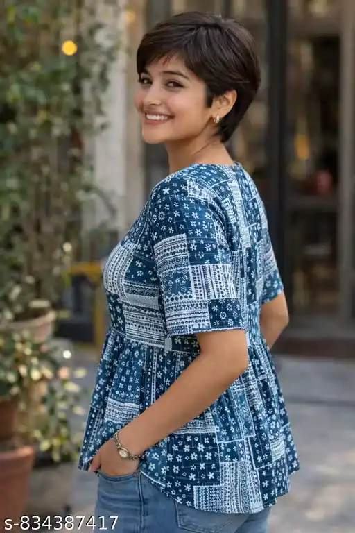 Women Black Printed Cotton Tunic Top | Patchwork Print Peplum Tunic for Women | Round Neck Button Front Western Tunic | Short Sleeve Casual Kurti Style Top