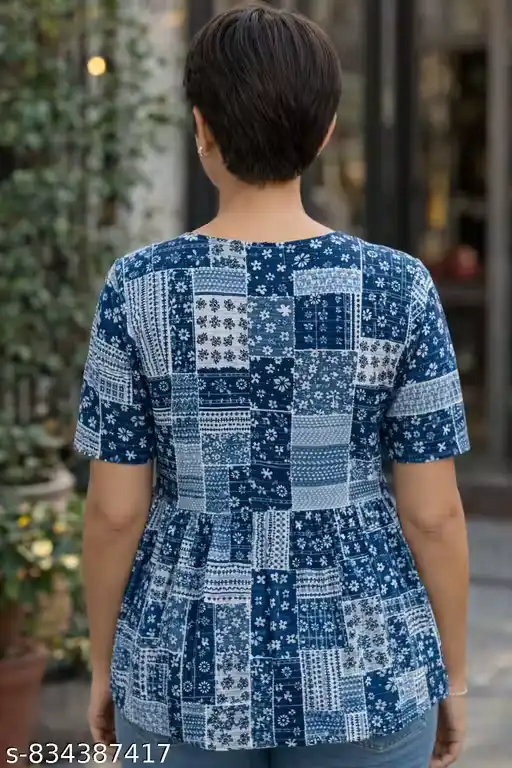 Women Black Printed Cotton Tunic Top | Patchwork Print Peplum Tunic for Women | Round Neck Button Front Western Tunic | Short Sleeve Casual Kurti Style Top