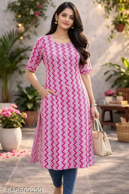 Women Cotton Printed Straight Kurti with Side Pocket Round Neck Half Sleeve Casual Daily Wear Kurta for Women