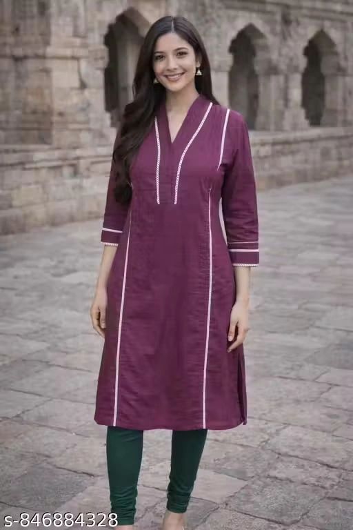 Women Cotton Straight Kurti V Neck 3/4 S...